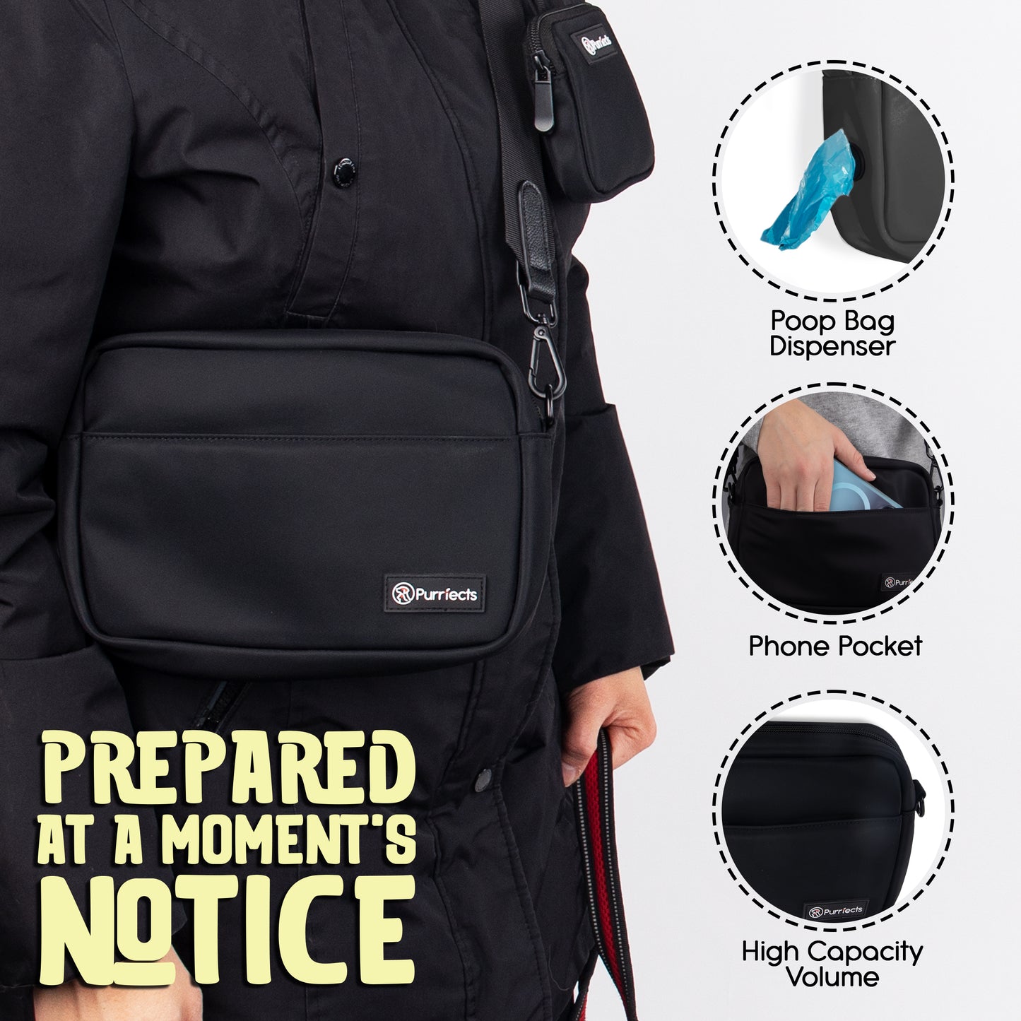 Dog Walking Bag Crossbody with Dog Treat Pouch and Poop Bag Dispenser (Black)